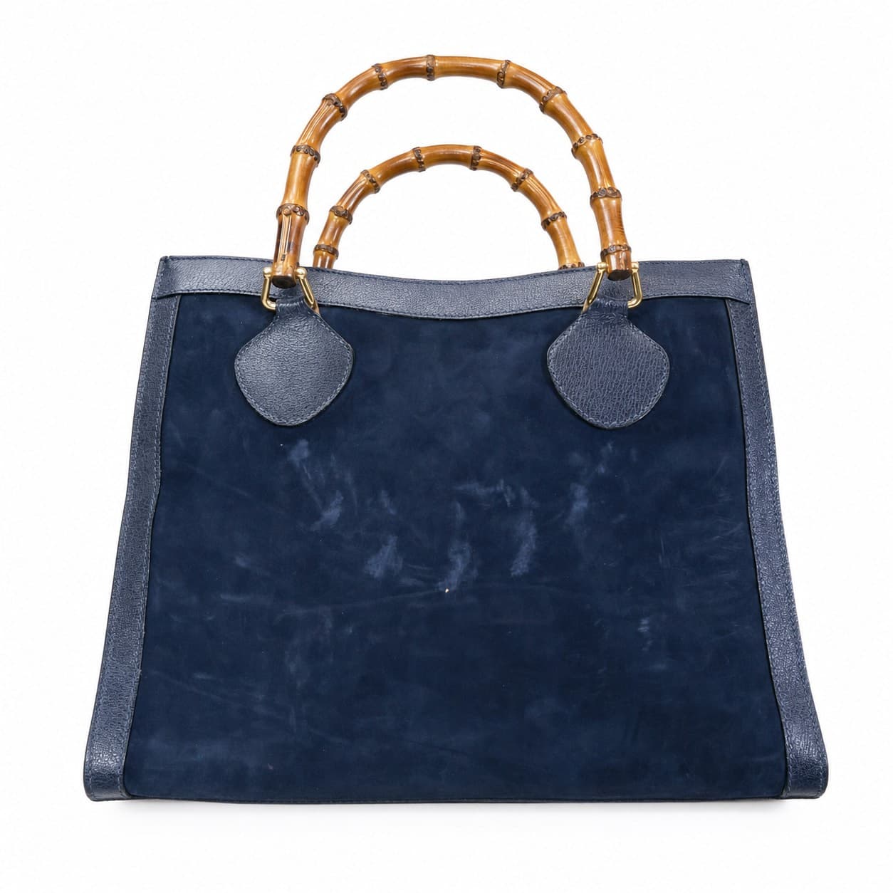 Gucci Bamboo Suede Leather Navy Blue Tote Handbag Purse Bag Top Handle