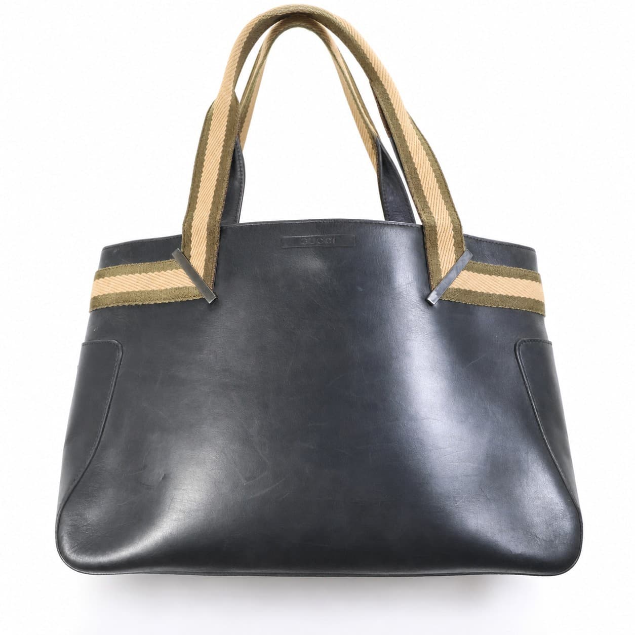 Gucci Black Leather Web Stripe Canvas Shoulder Bag Tote Handbag Purse
