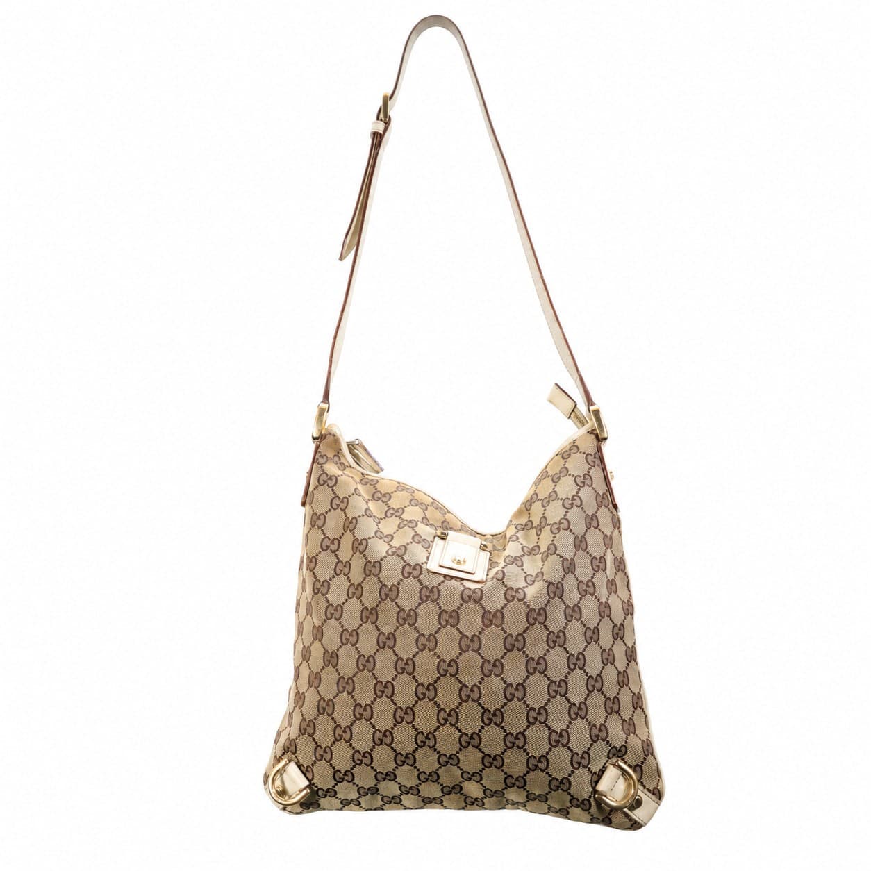 Gucci GG Canvas Hobo Shoulder Bag Handbag Purse White Leather Beige Gold Hardware