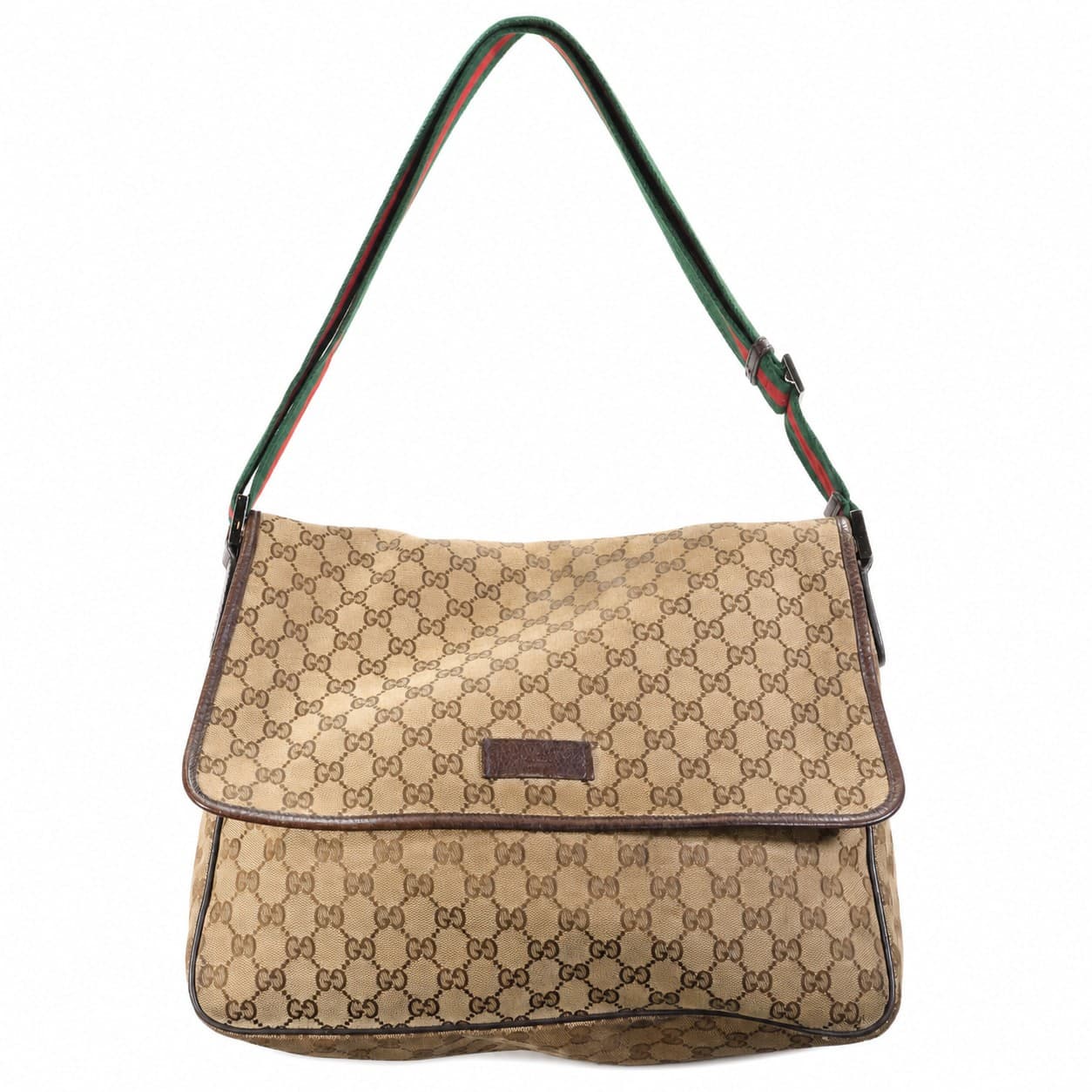 Gucci GG Canvas Web Stripe Flap Shoulder Bag Messenger Handbag Purse Beige Brown