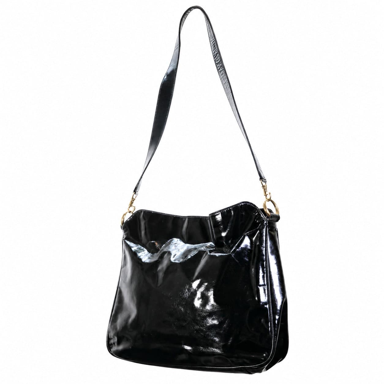 Gucci Black Patent Leather Hobo Shoulder Bag Handbag Purse Gold Hardware