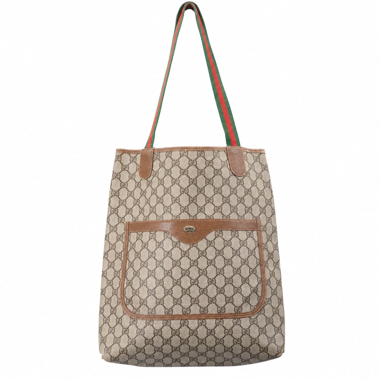 Gucci GG Monogram Canvas Web Stripe Tote Shoulder Bag Handbag Purse Brown