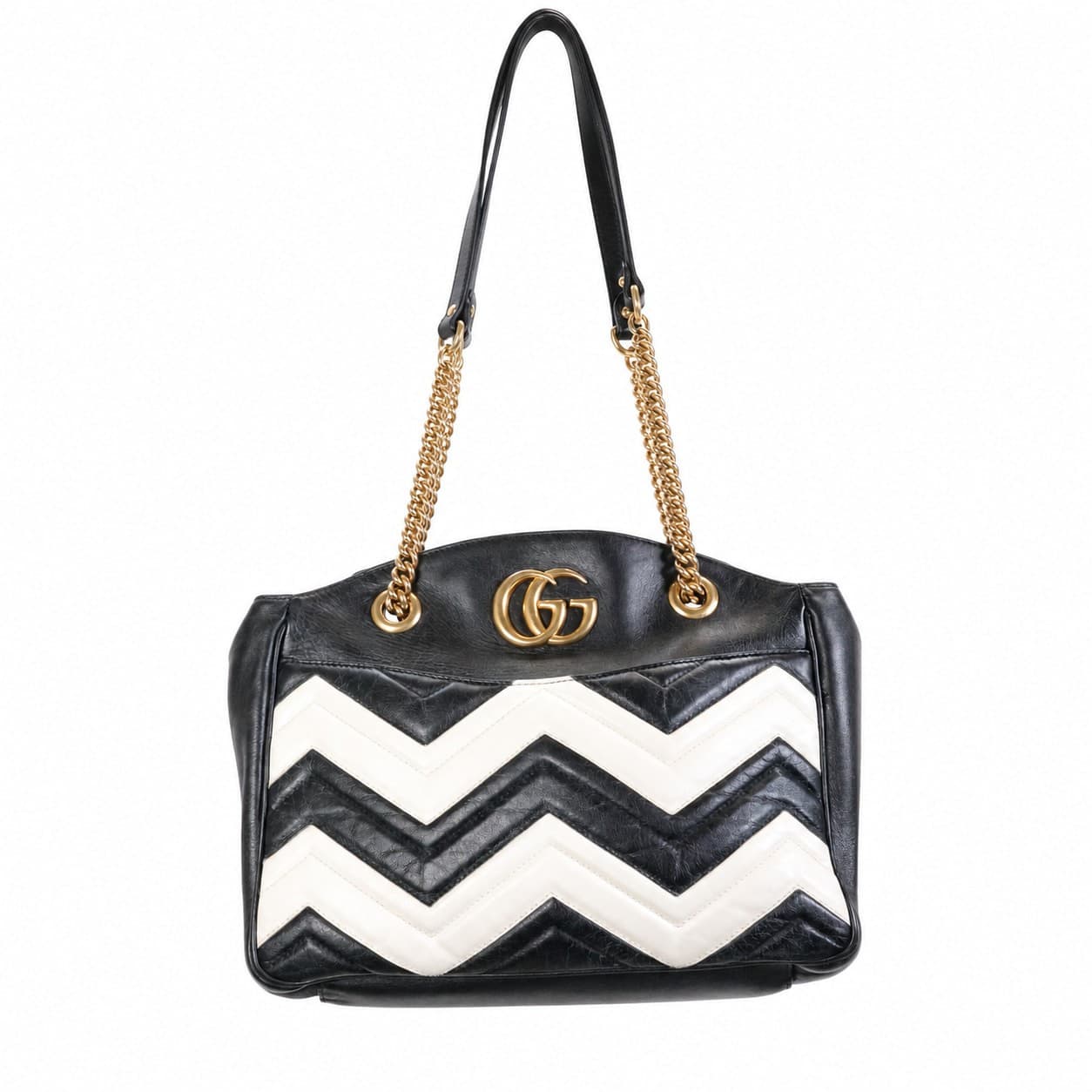 Gucci GG Marmont Matelassé Chevron Quilted Leather Shoulder Bag Handbag Purse Black White Gold handbags auction at Alighieri's