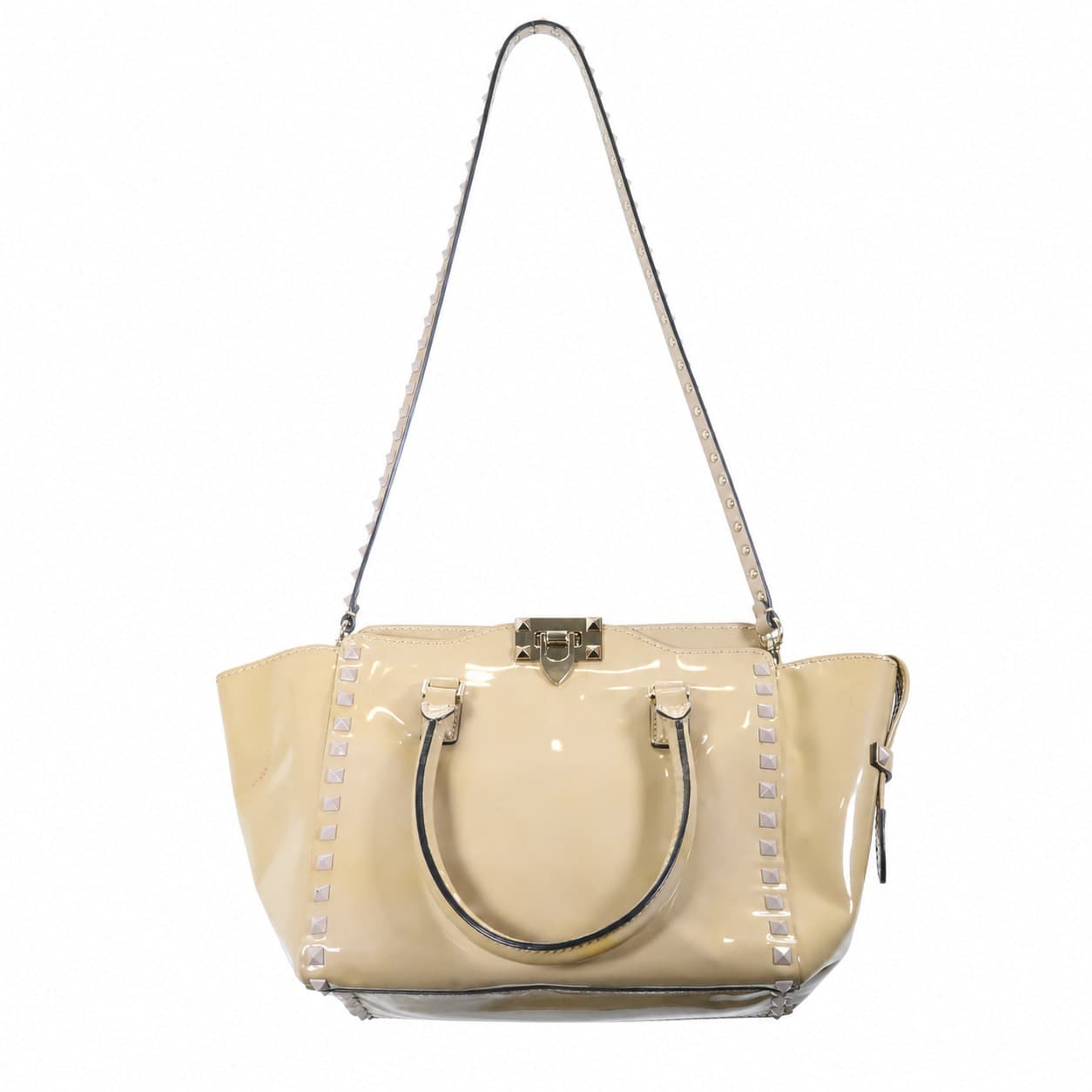 Valentino Rockstud Trapeze Patent Leather Tote Handbag Purse Bag Beige Nude