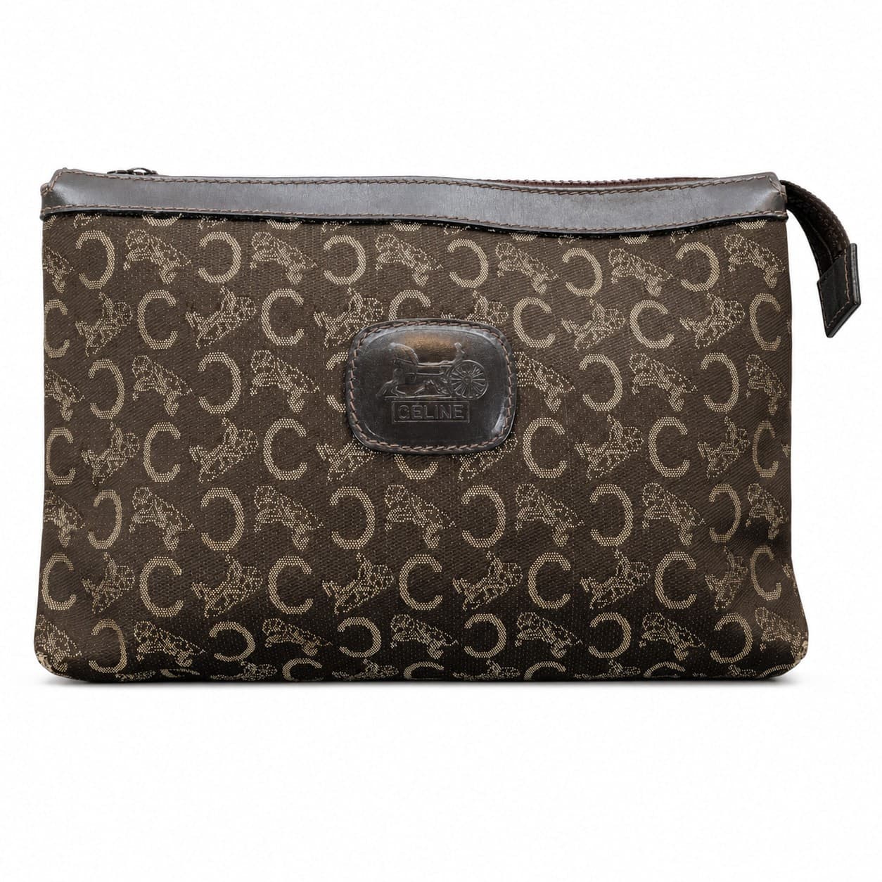 Celine C Logo Monogram Canvas Clutch Pouch Bag Brown Coated Canvas Leather