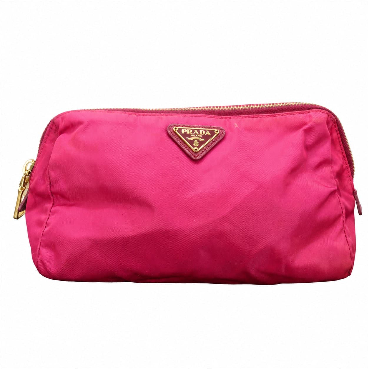Prada Tessuto Nylon Cosmetic Pouch Makeup Bag Fuchsia Pink Gold Hardware