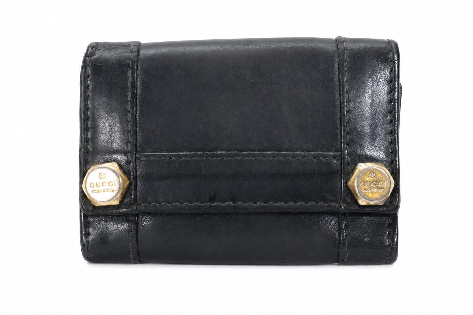 Gucci Black Leather Compact Trifold Wallet Key Holder Hexagonal Studs