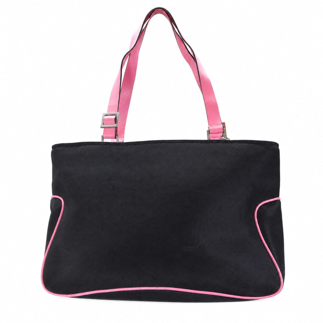 Salvatore Ferragamo Black Canvas Shoulder Bag Handbag Purse Tote Pink Trim