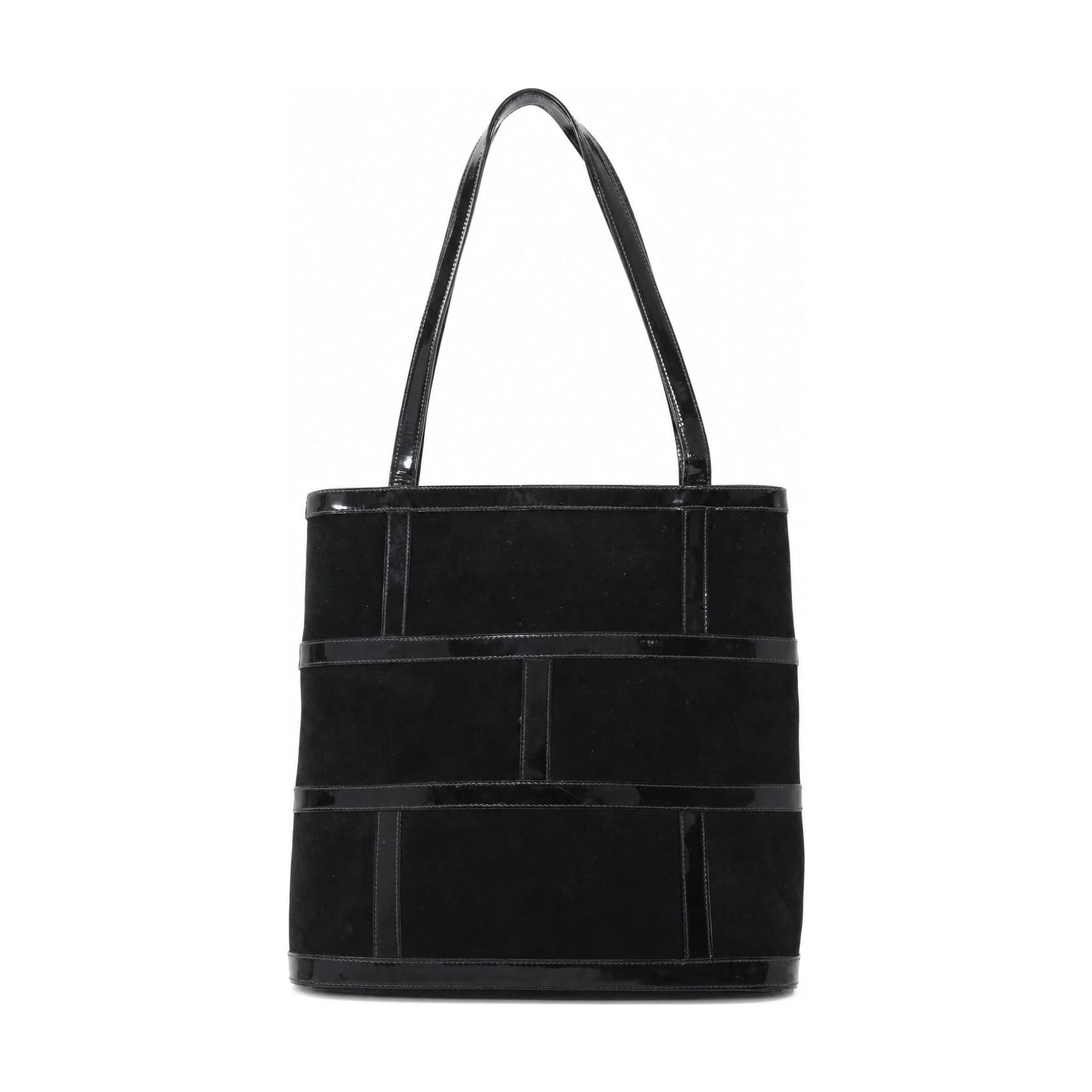 Salvatore Ferragamo Black Suede Patent Leather Shoulder Bag Handbag Purse Tote