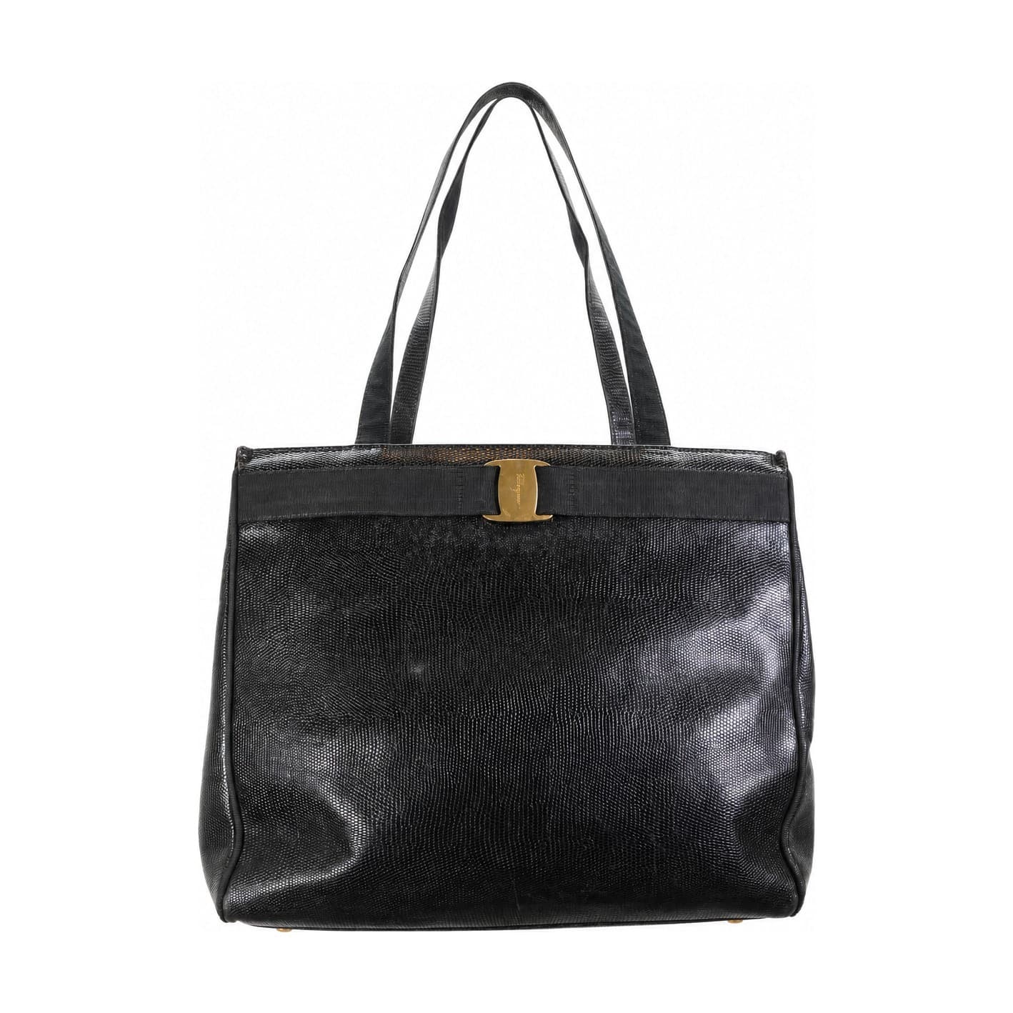 Salvatore Ferragamo Vara Bow Black Lizard Embossed Leather Tote Shoulder Bag Handbag Purse