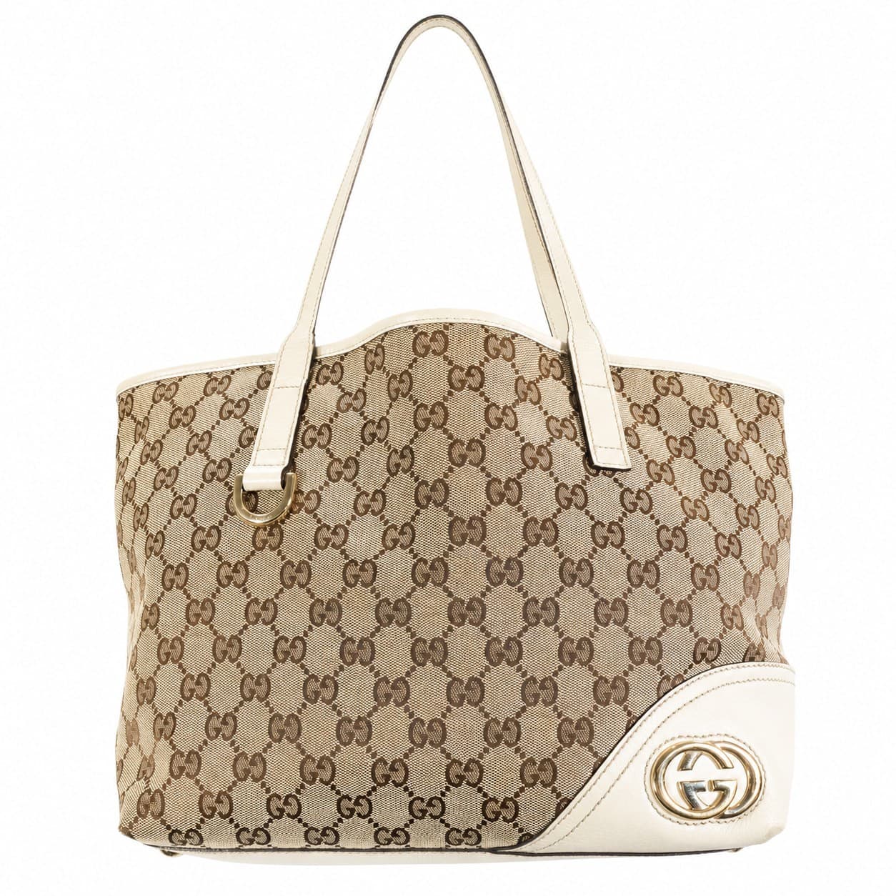 Gucci GG Canvas Tote Handbag Purse Bag White Leather Trim Beige Monogram Shoulder