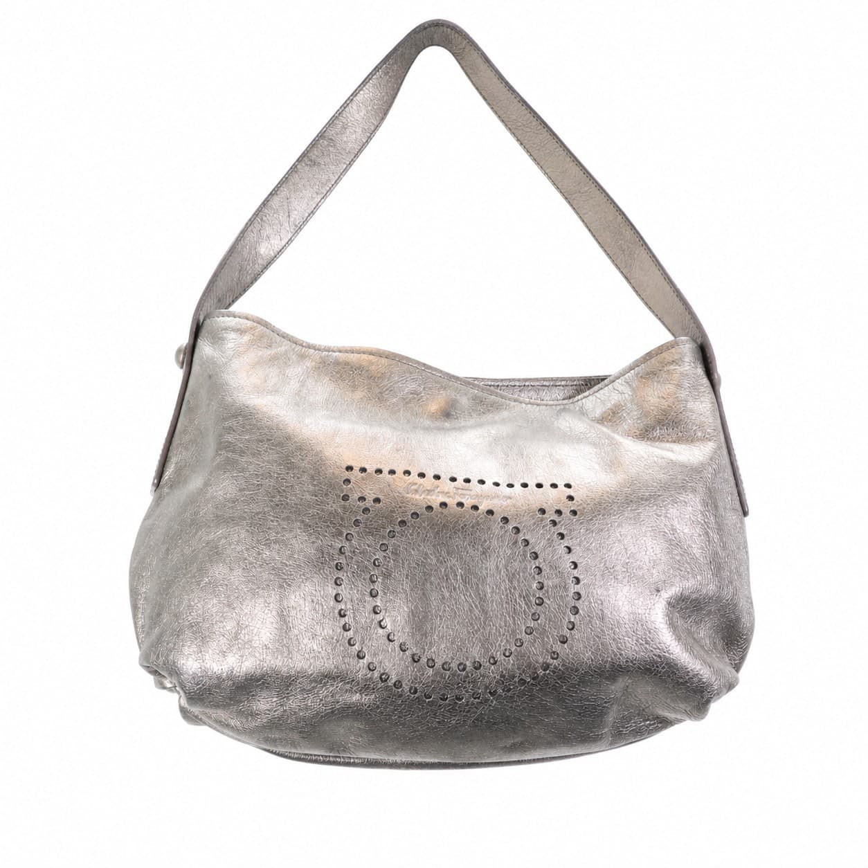 Salvatore Ferragamo Metallic Silver Leather Hobo Shoulder Bag Handbag Purse Perforated Logo