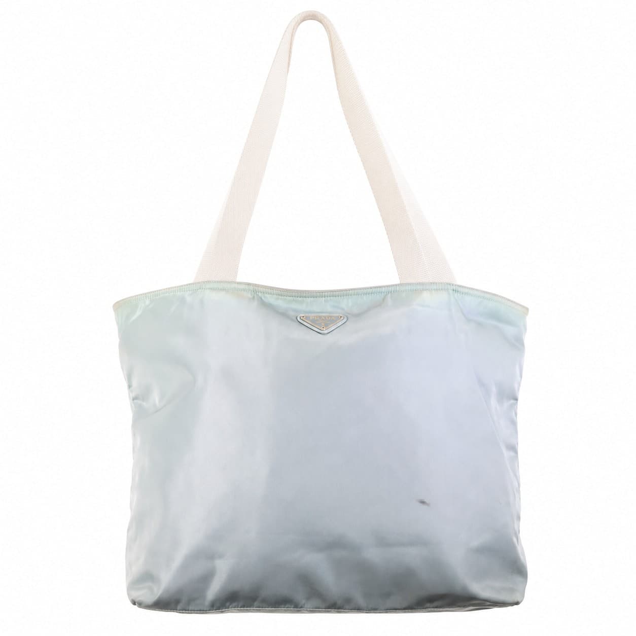 Prada Tessuto Nylon Tote Shoulder Bag Handbag Purse Light Blue Silver Hardware