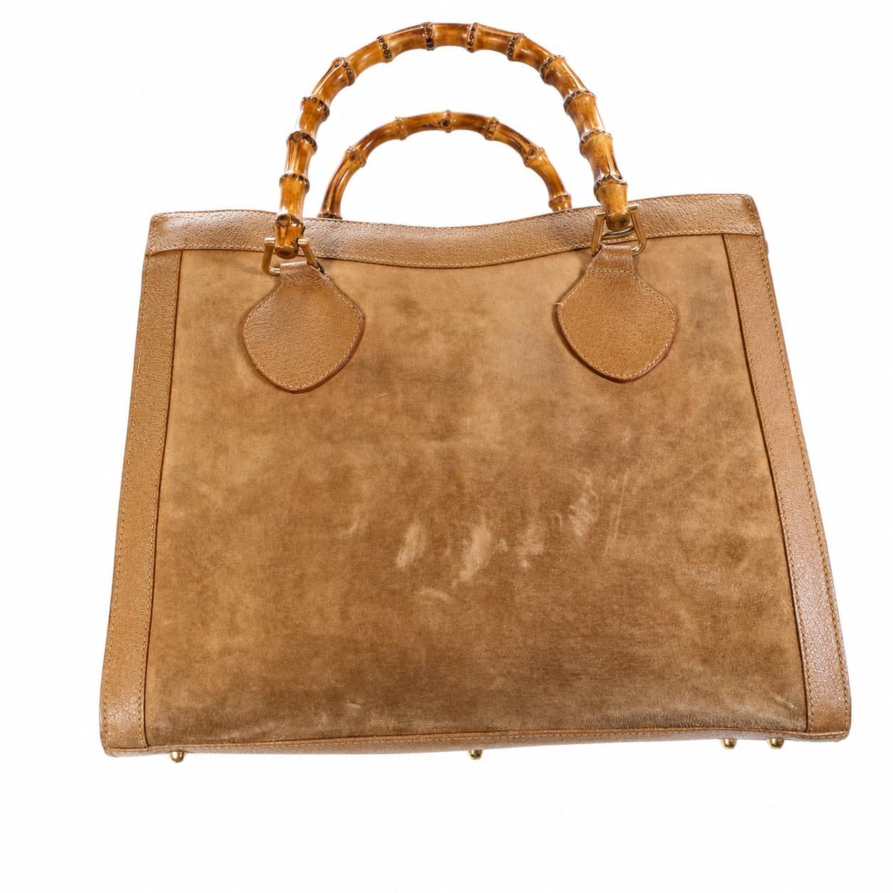 Gucci Bamboo Suede Leather Tote Handbag Purse Bag Top Handle Tan Brown