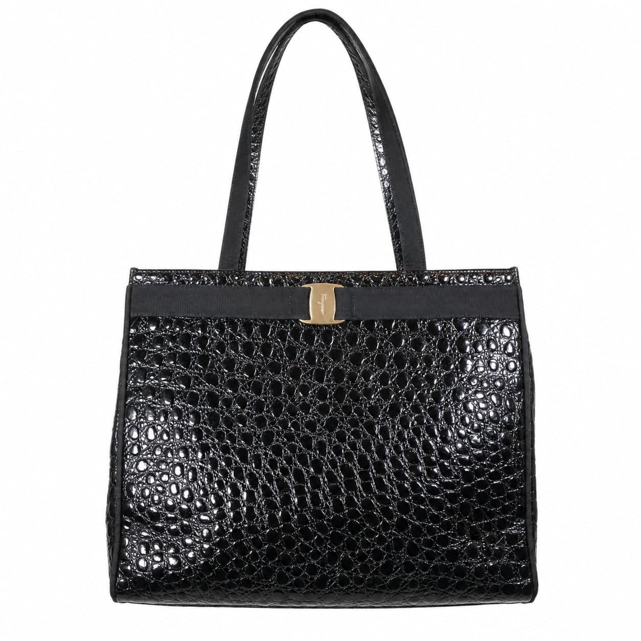 Salvatore Ferragamo Black Patent Crocodile Embossed Leather Tote Bag Handbag Purse Shoulder Bag