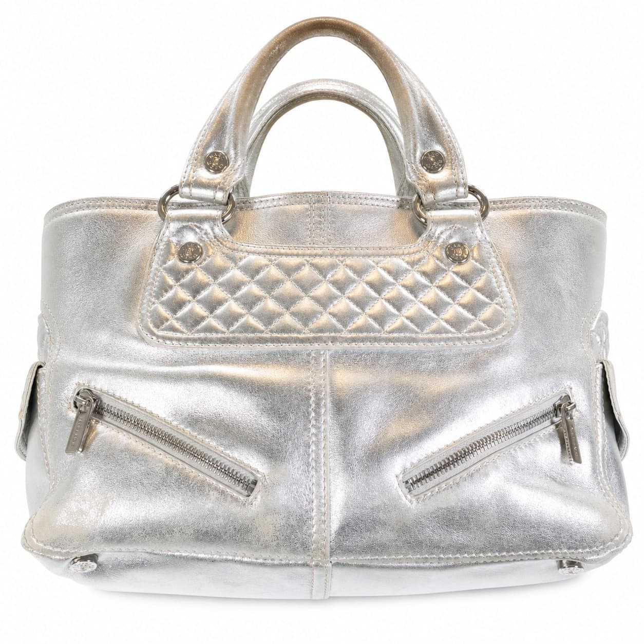 Céline Silver Metallic Leather Quilted Satchel Handbag Purse Bag Top Handle