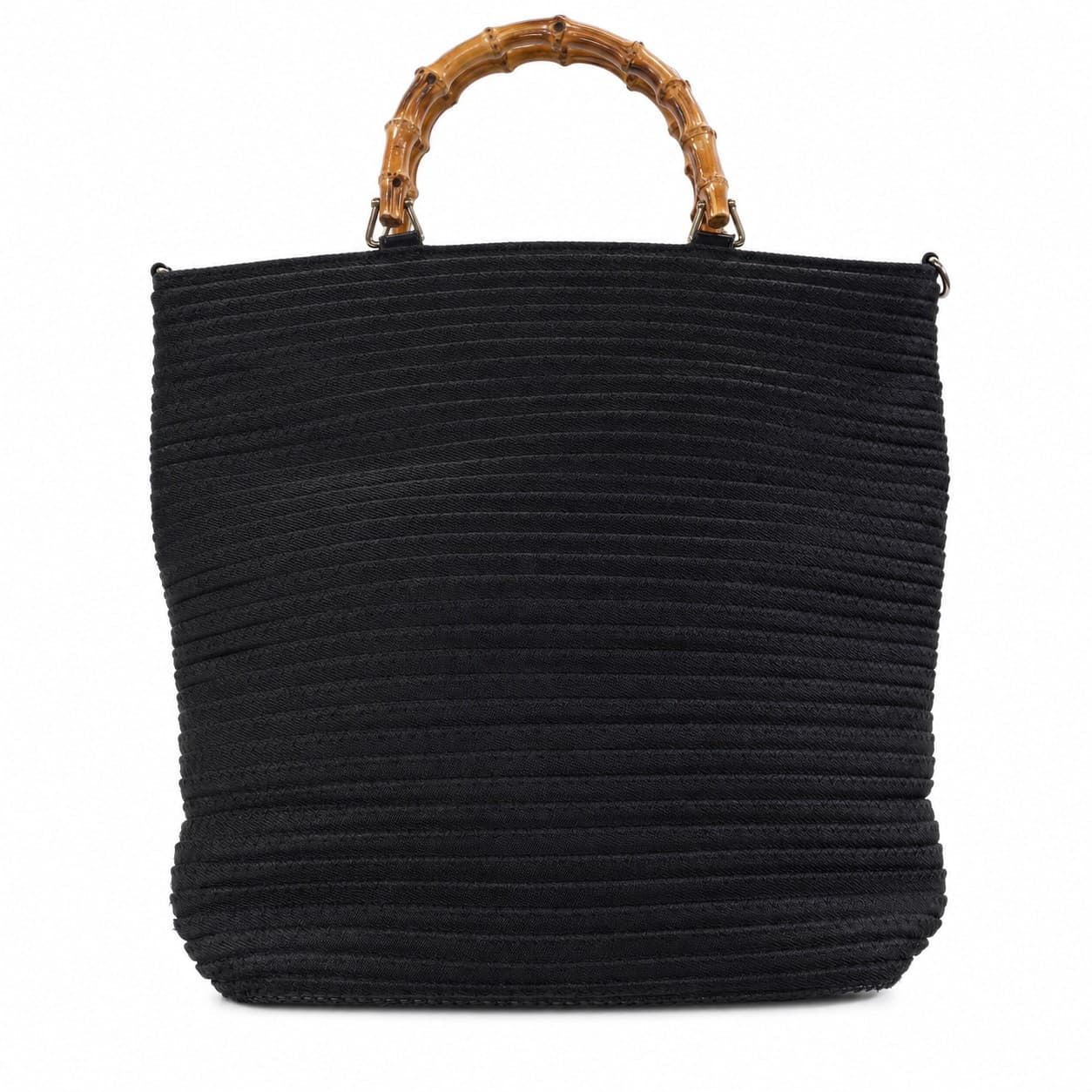 Gucci Black Pleated Fabric Bamboo Handle Tote Bag Handbag Purse