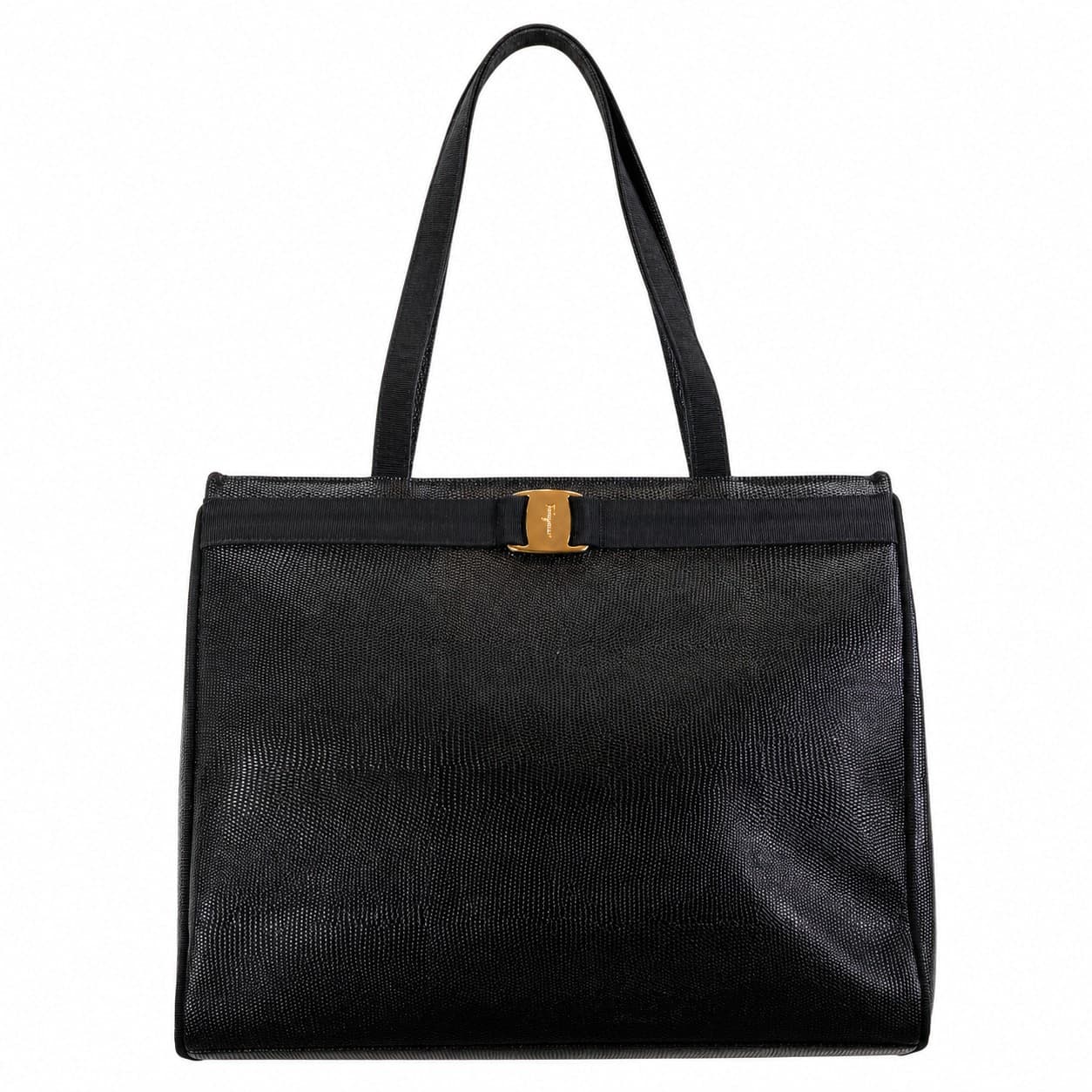 Salvatore Ferragamo Black Lizard Leather Shoulder Bag Handbag Purse Gold Hardware