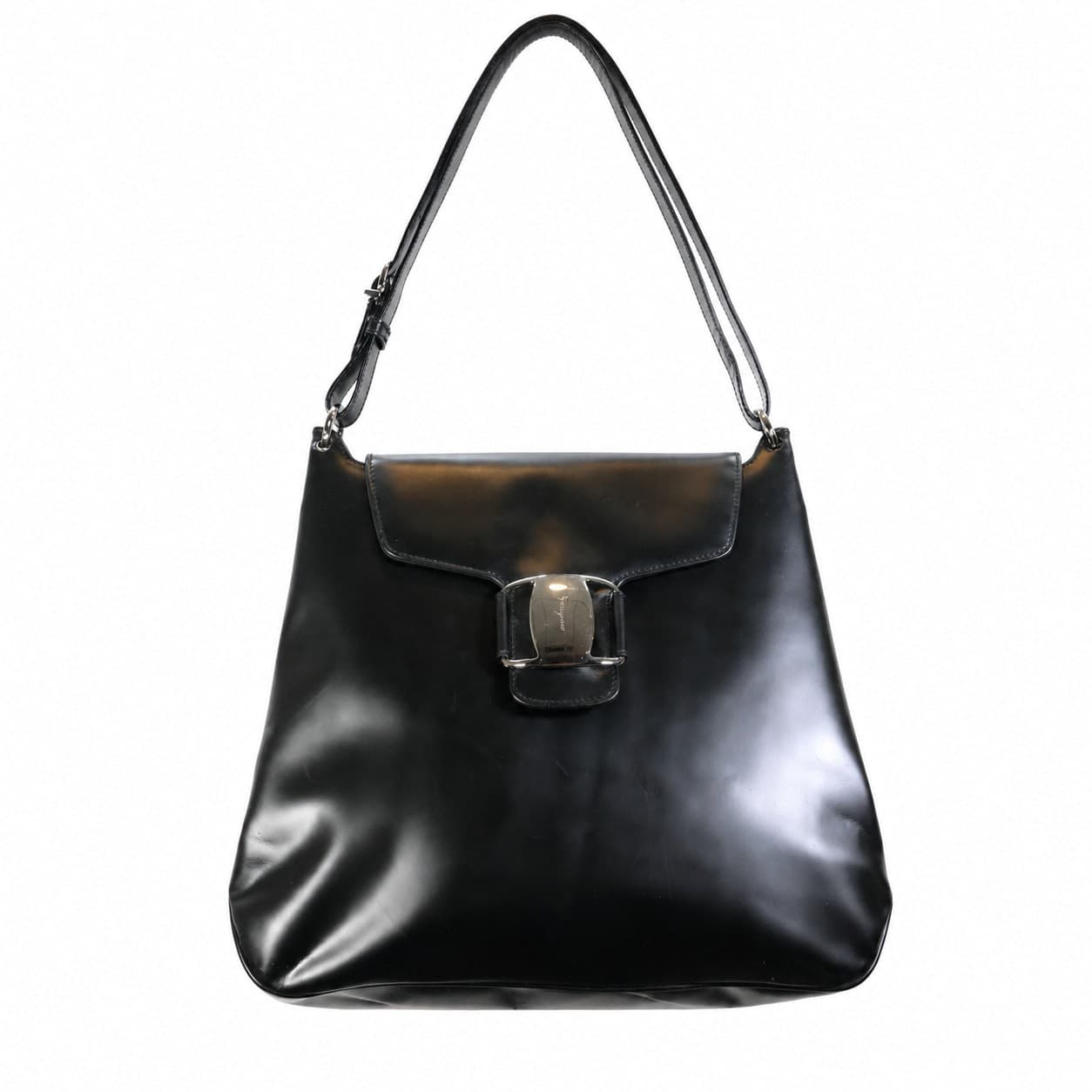 Salvatore Ferragamo Black Leather Shoulder Bag Handbag Purse Silver Hardware