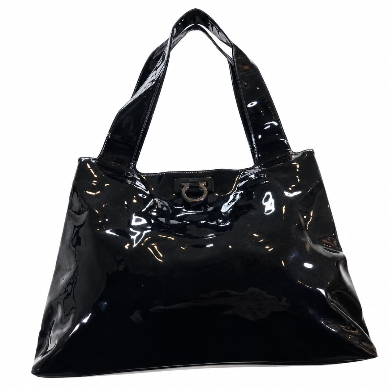 Salvatore Ferragamo Gancini Patent Leather Black Shoulder Bag Handbag Purse Tote