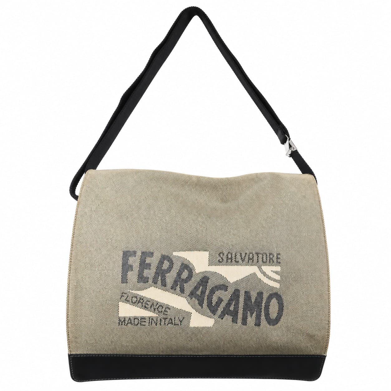 Salvatore Ferragamo Canvas Leather Shoulder Bag Crossbody Handbag Beige Black