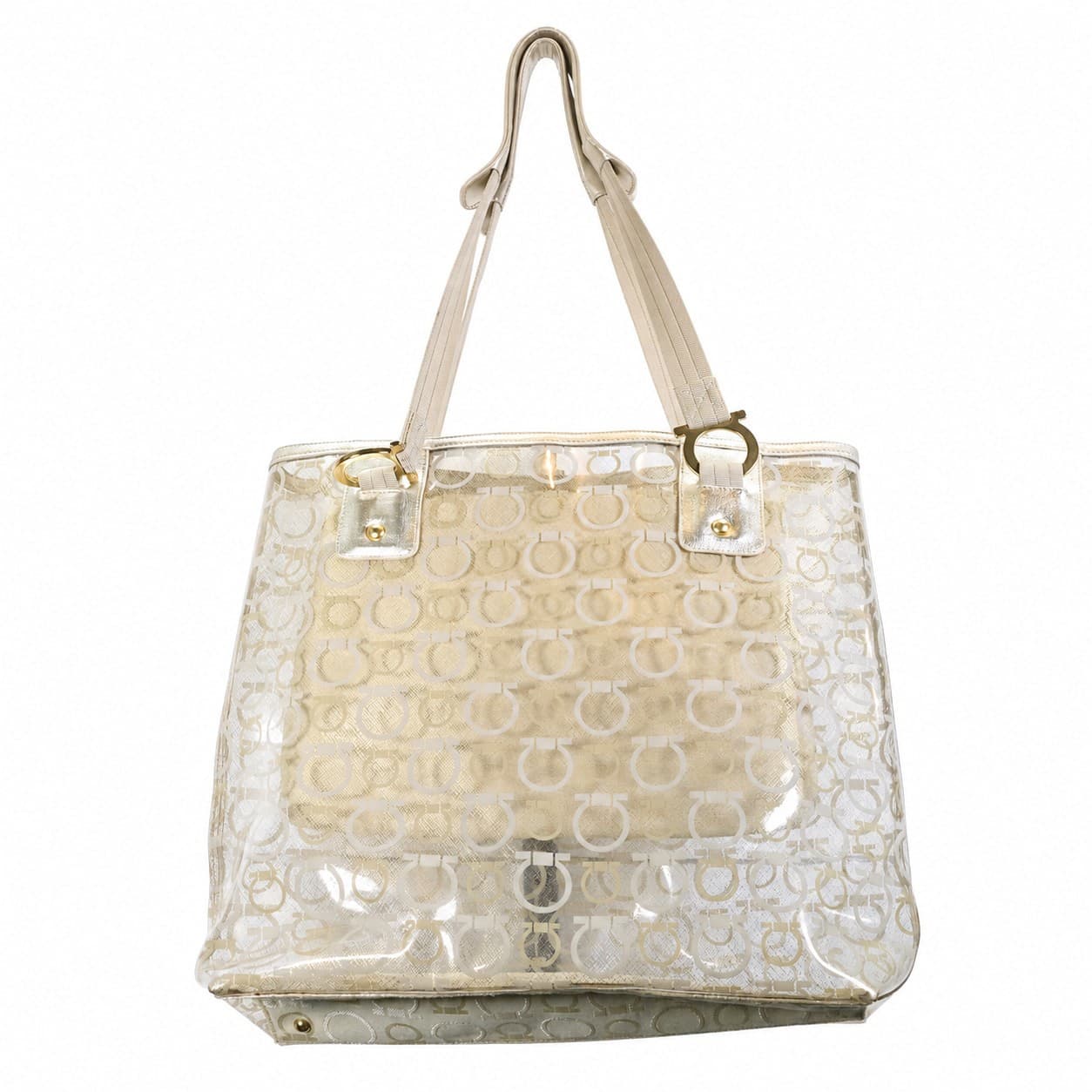 Salvatore Ferragamo Gancini PVC Leather Tote Bag Handbag Purse Shoulder Bag Gold