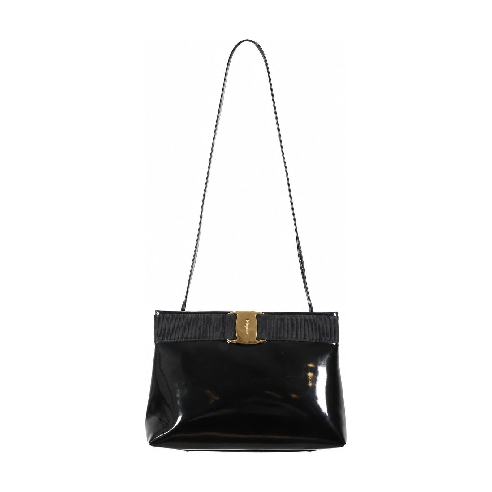 Salvatore Ferragamo Vara Black Patent Leather Shoulder Bag Crossbody Handbag Purse handbags auction at Alighieri's