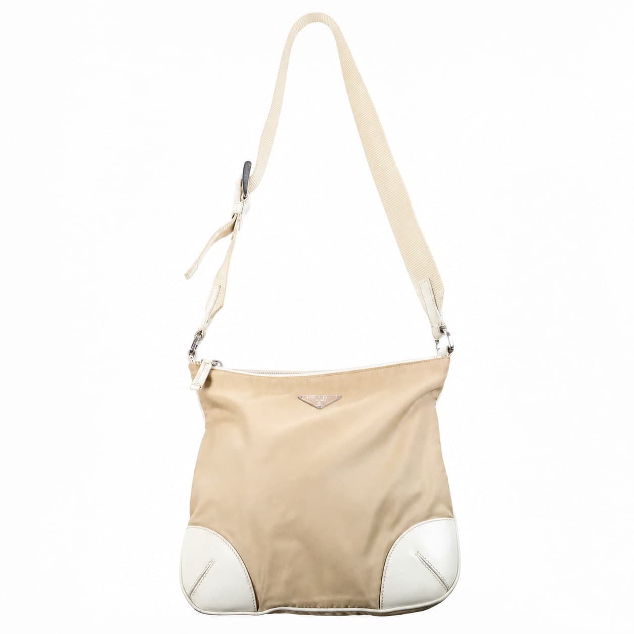 Prada Tessuto Nylon Leather Crossbody Shoulder Bag Handbag Purse Beige