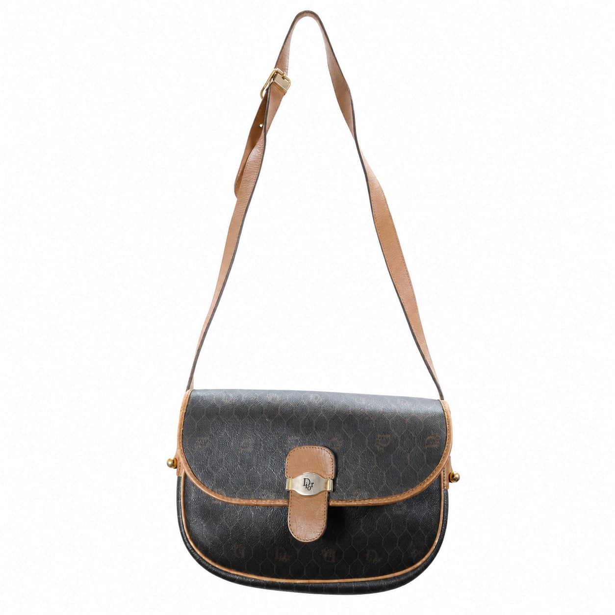 Christian Dior Honeycomb Monogram Canvas Leather Crossbody Shoulder Bag Purse Brown