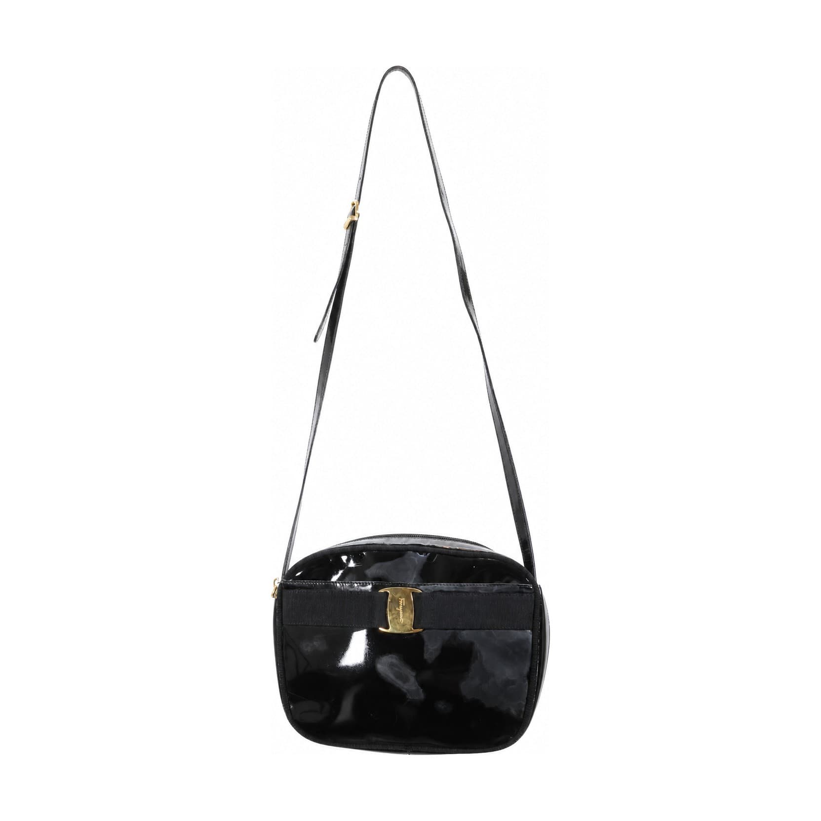 Salvatore Ferragamo Vara Bow Patent Leather Crossbody Shoulder Bag Handbag Black