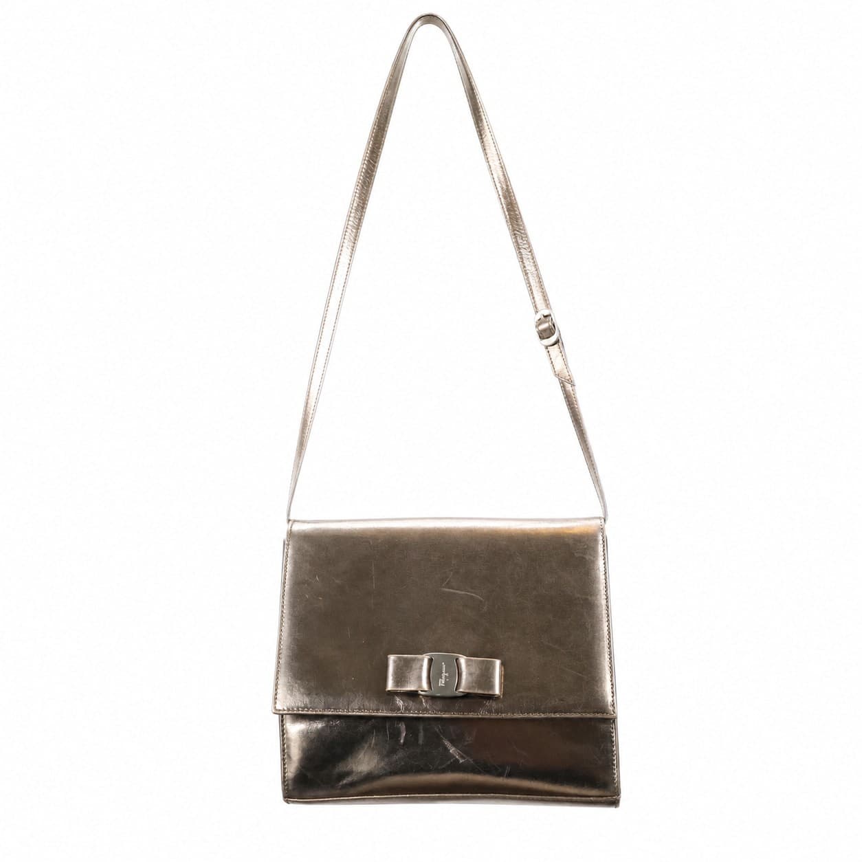 Salvatore Ferragamo Vara Bow Metallic Leather Crossbody Shoulder Bag Purse Handbag Gold