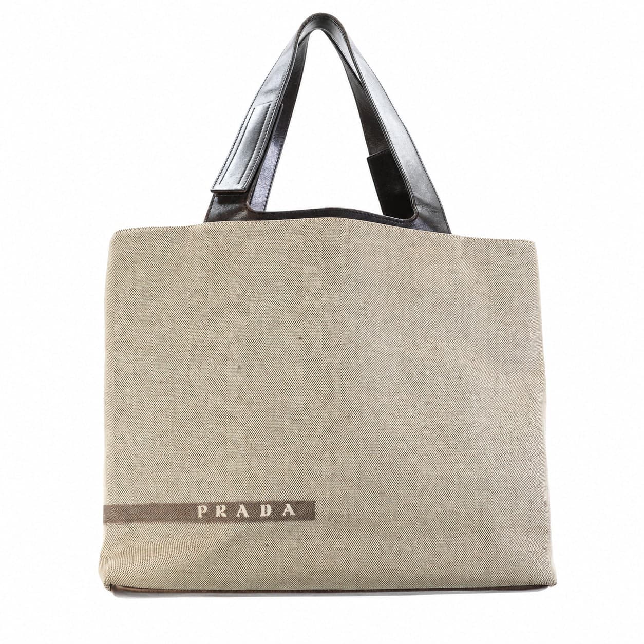 Prada Canapa Canvas Leather Tote Bag Shoulder Bag Handbag Purse Beige Brown