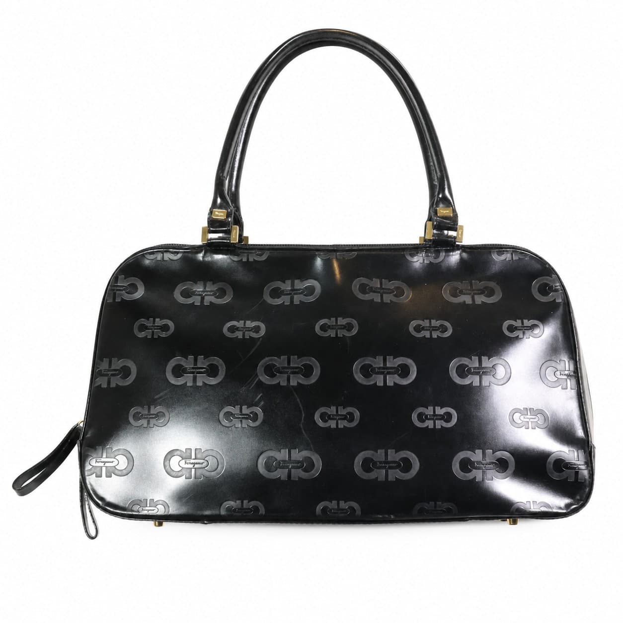 Salvatore Ferragamo Gancini Embossed Leather Satchel Handbag Purse Black Gold