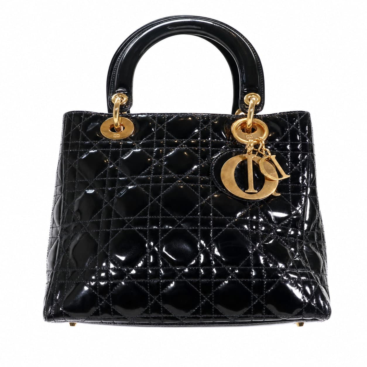 Christian Dior Lady Dior Large Black Patent Leather Cannage Handbag Purse Bag