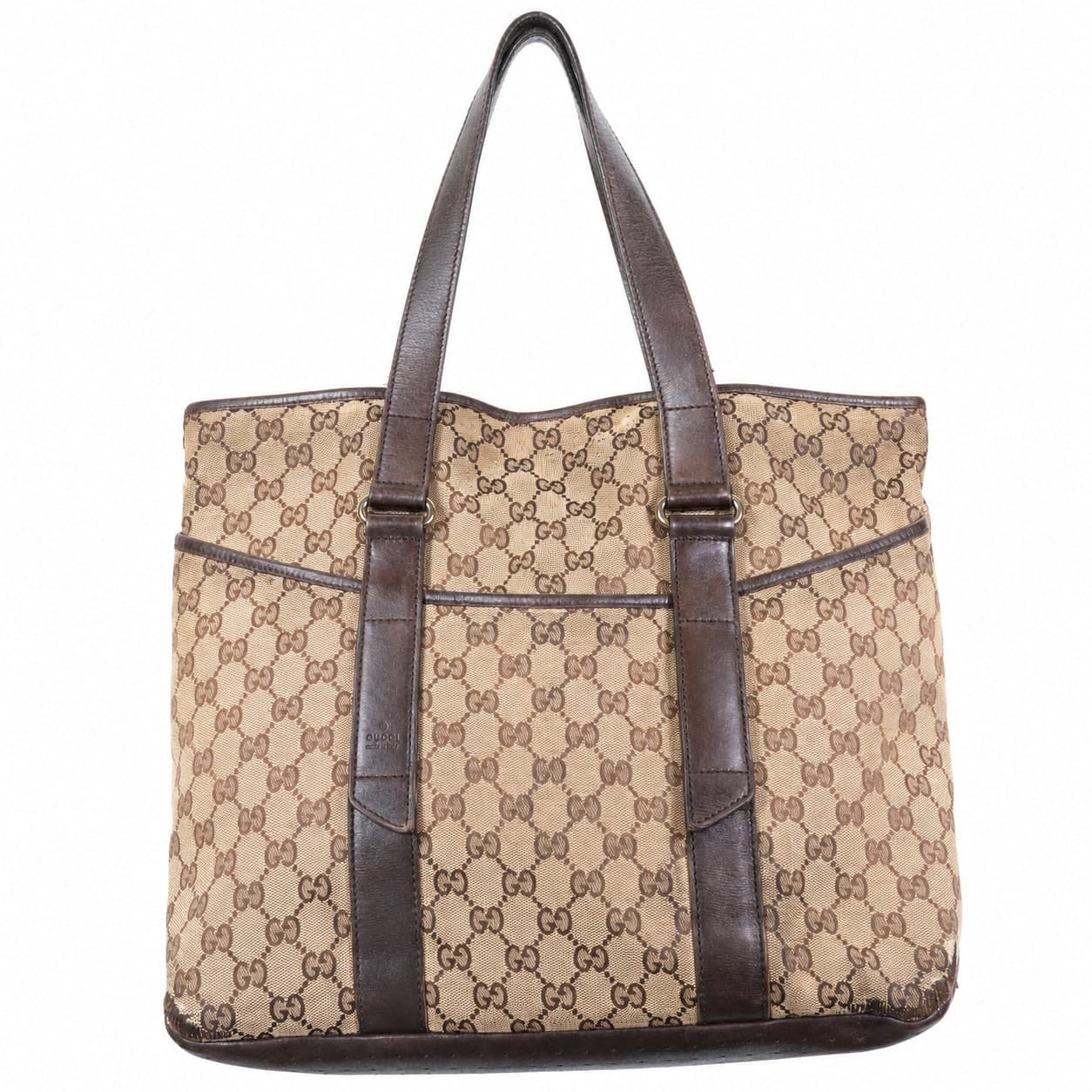 Gucci GG Monogram Canvas Brown Leather Tote Shoulder Bag Handbag Purse