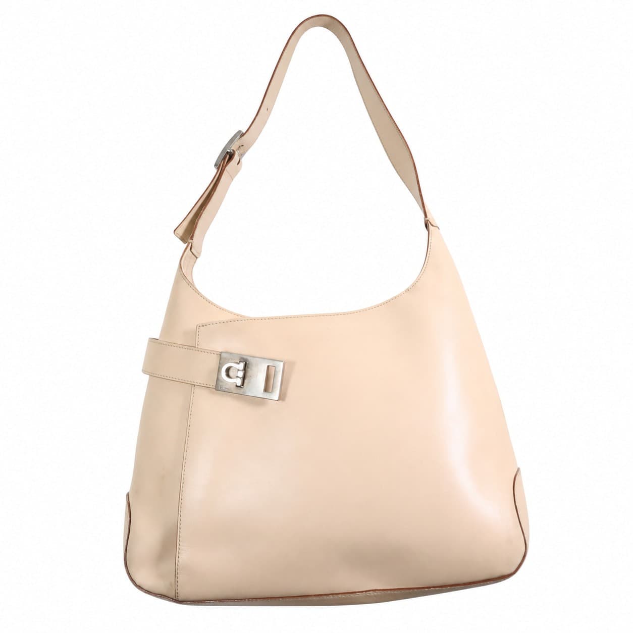 Salvatore Ferragamo Gancini Leather Shoulder Bag Hobo Purse Beige Silver