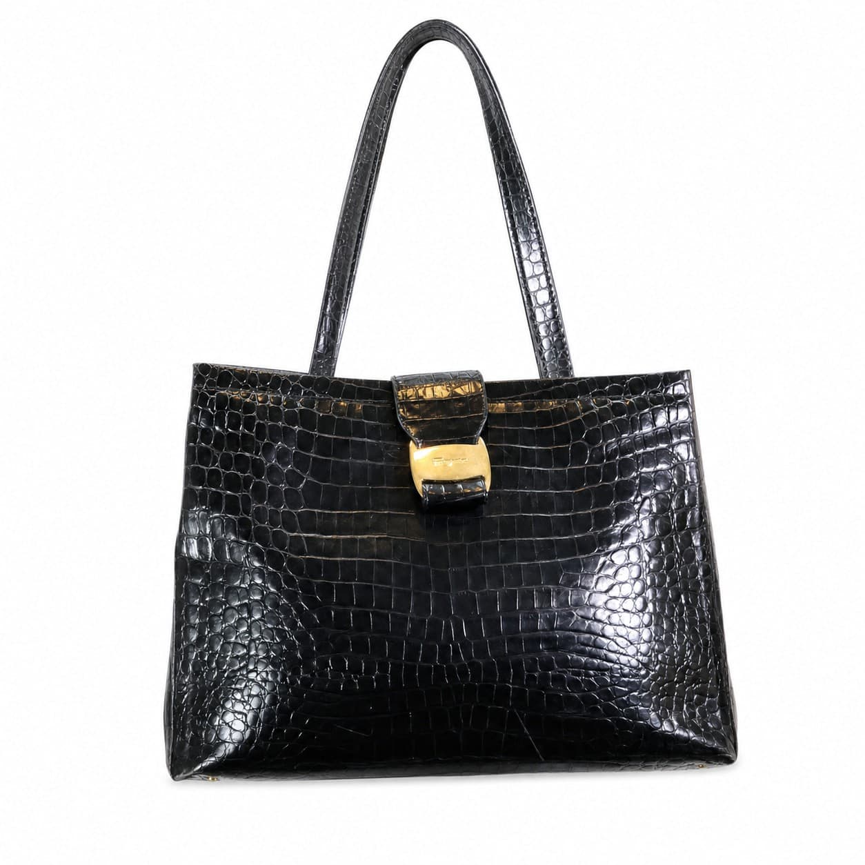 Salvatore Ferragamo Black Crocodile Embossed Leather Shoulder Bag Tote Purse Handbag