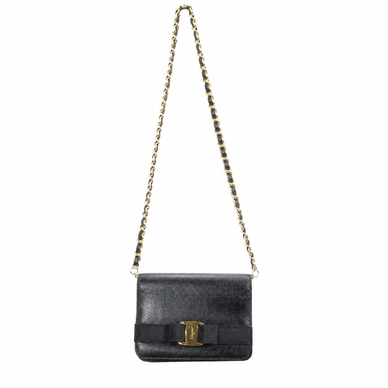 Salvatore Ferragamo Vara Bow Black Leather Crossbody Shoulder Bag Purse Handbag Gold Hardware Chain