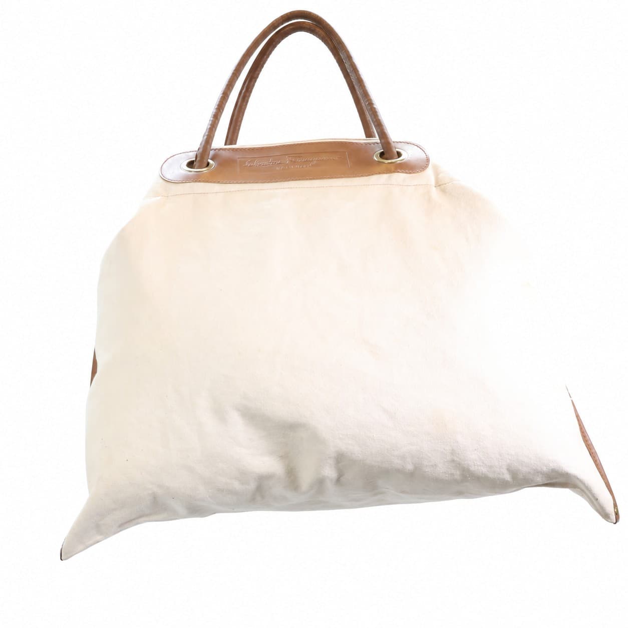 Salvatore Ferragamo Parfums Canvas Tote Bag Handbag Purse Leather Trim Cream