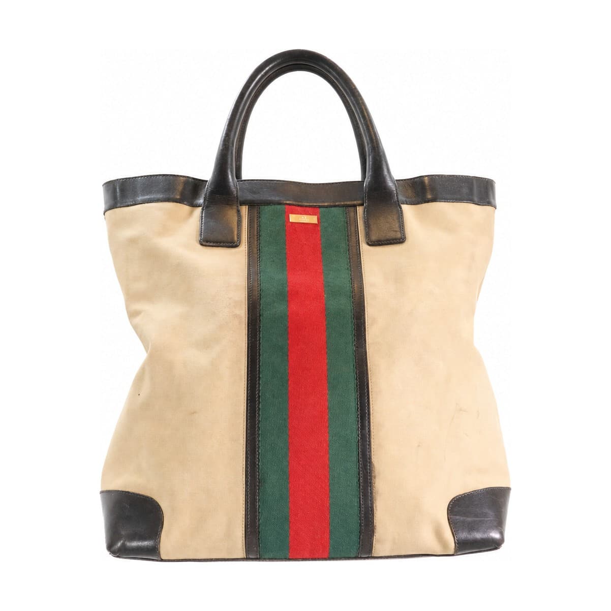 Gucci Canvas Leather Web Stripe Tote Handbag Purse Bag Beige Brown