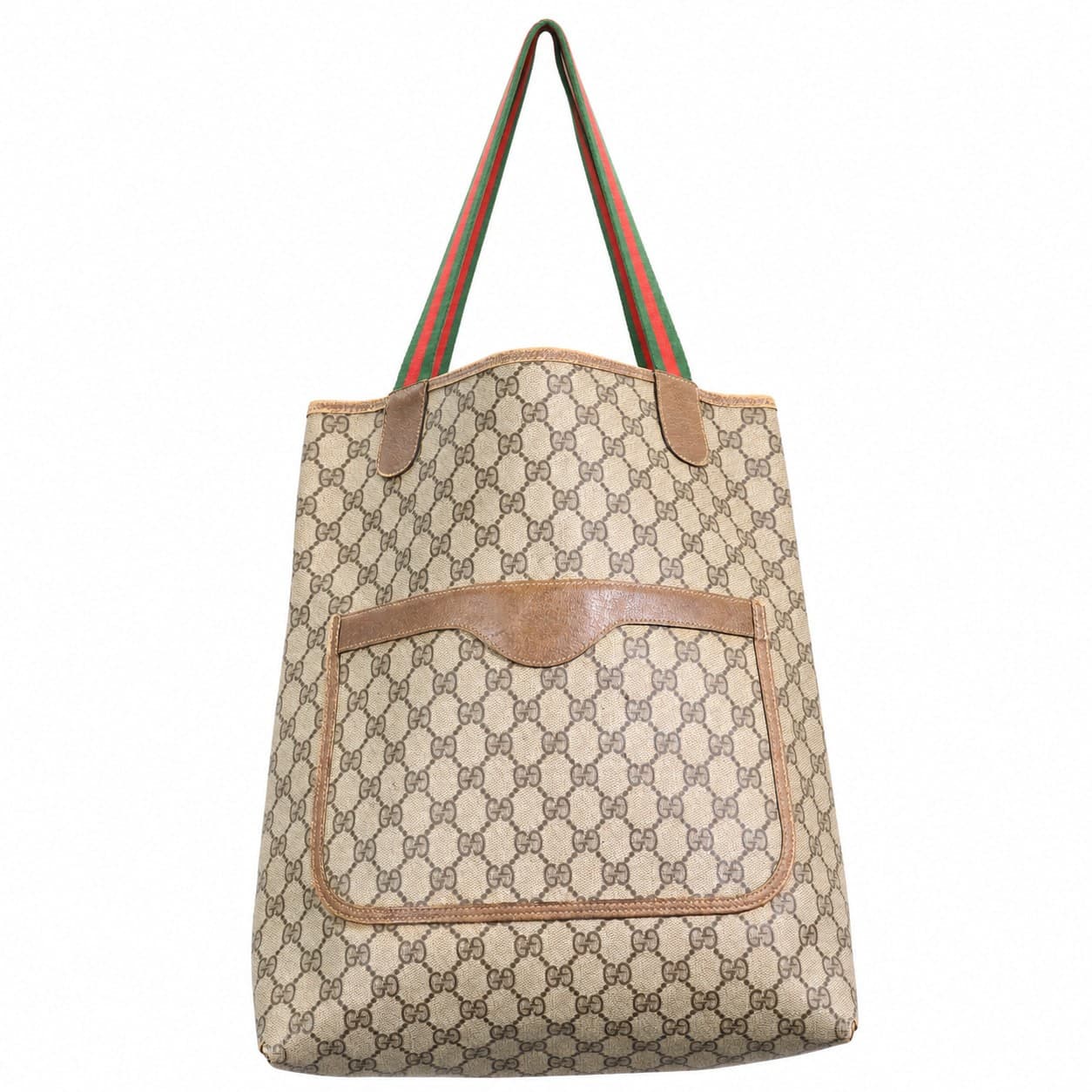Gucci GG Canvas Web Stripe Tote Handbag Shoulder Bag Beige Brown
