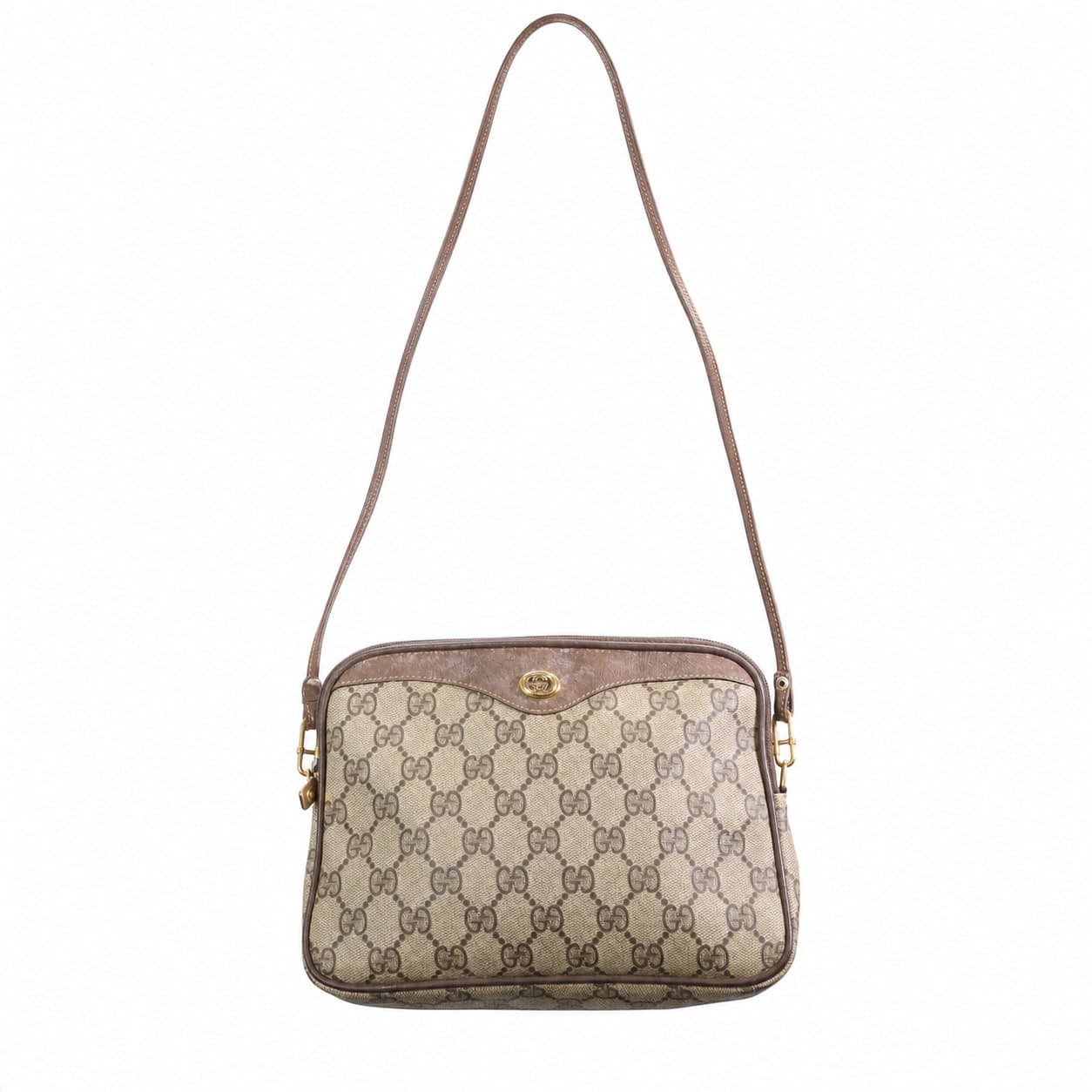 Gucci GG Monogram Canvas Crossbody Shoulder Bag Brown Beige Leather