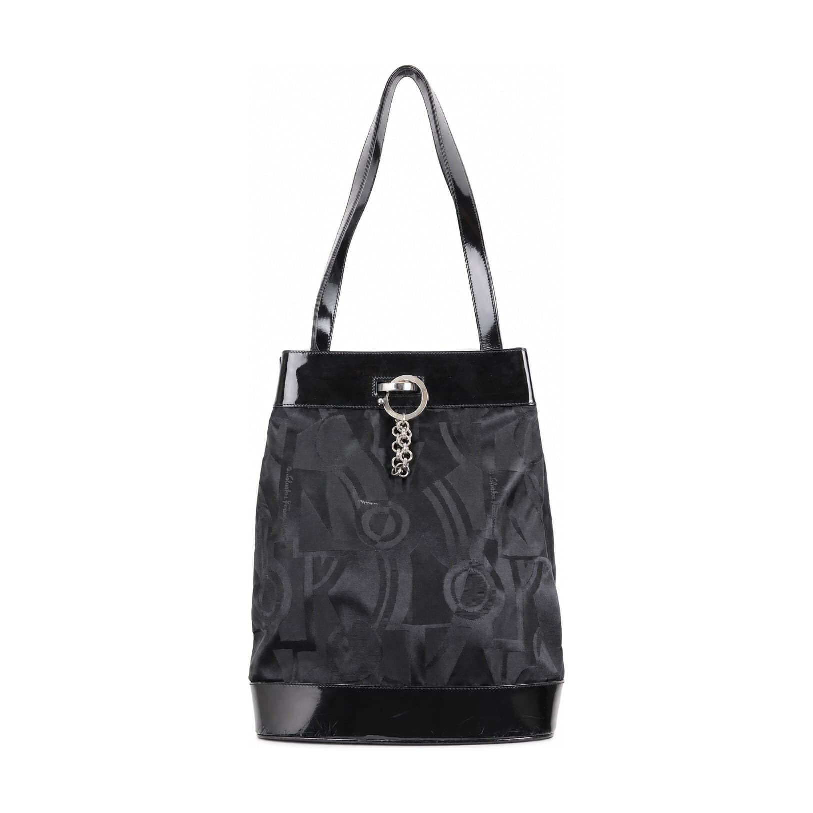 Salvatore Ferragamo Black Logo Jacquard Patent Leather Tote Shoulder Bag Handbag Purse handbags auction at Alighieri's