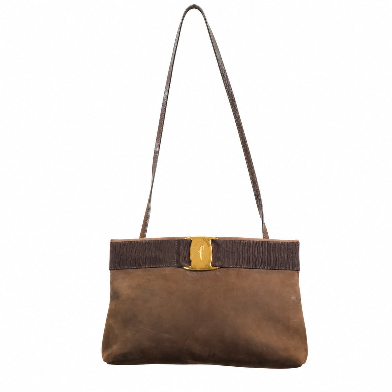 Salvatore Ferragamo Vara Brown Suede Grosgrain Bow Shoulder Bag Handbag Purse