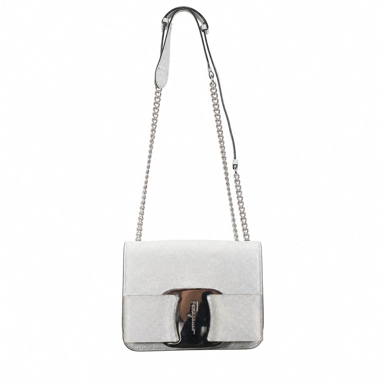 Salvatore Ferragamo Vara Bow Silver Glitter Leather Shoulder Bag Crossbody Purse Handbag Chain Strap