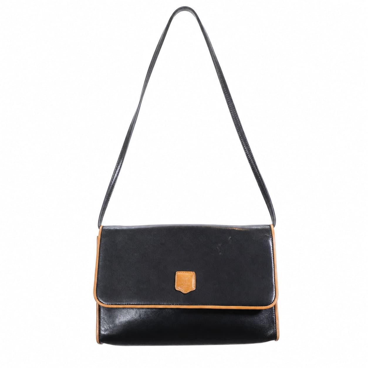 Celine Black Leather Tan Trim Flap Crossbody Shoulder Bag Handbag Purse