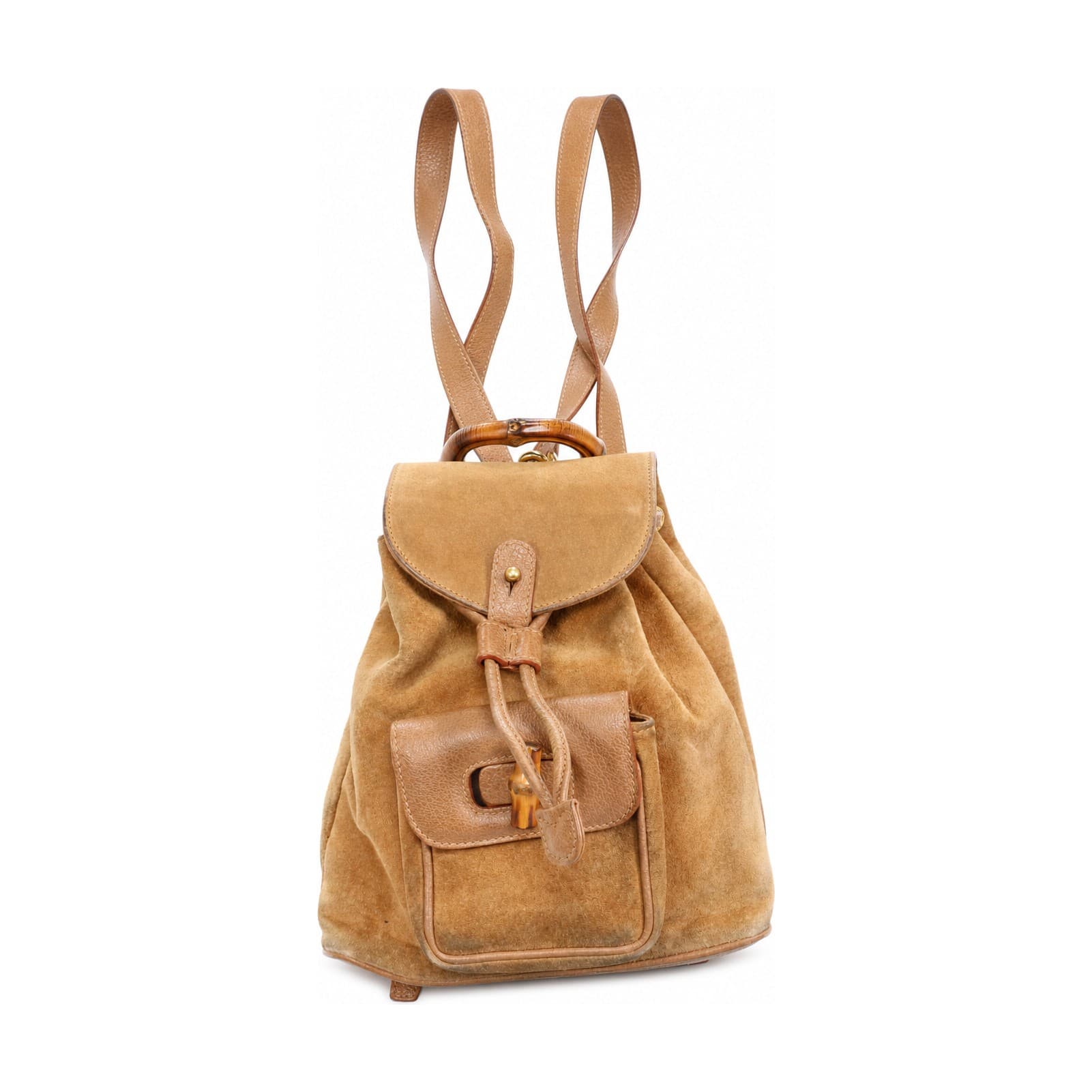 Gucci Bamboo Suede Leather Backpack Handbag Purse Bag Tan Beige