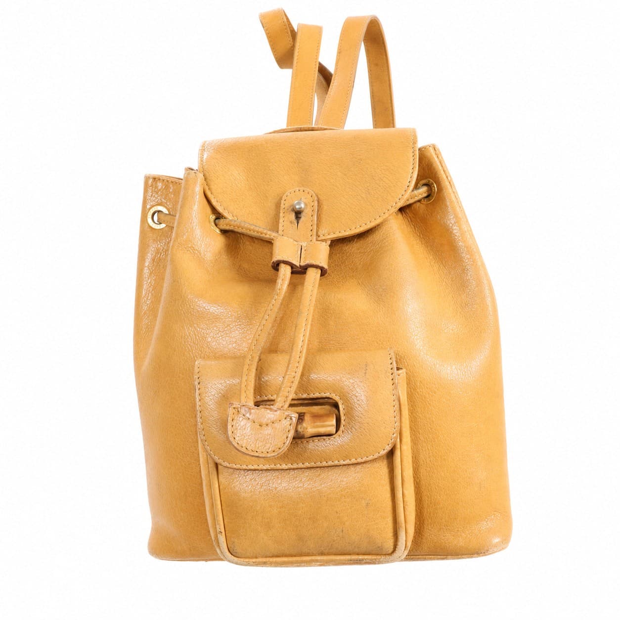 Gucci Bamboo Leather Backpack Drawstring Bag Tan Beige Gold Hardware Purse