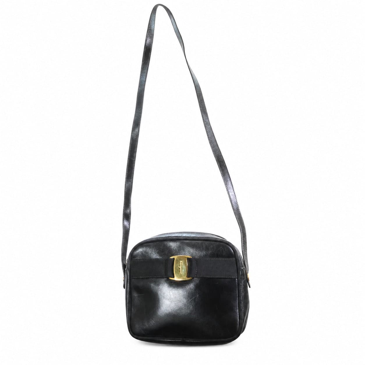 Salvatore Ferragamo Vara Bow Black Leather Crossbody Shoulder Bag Purse Handbag