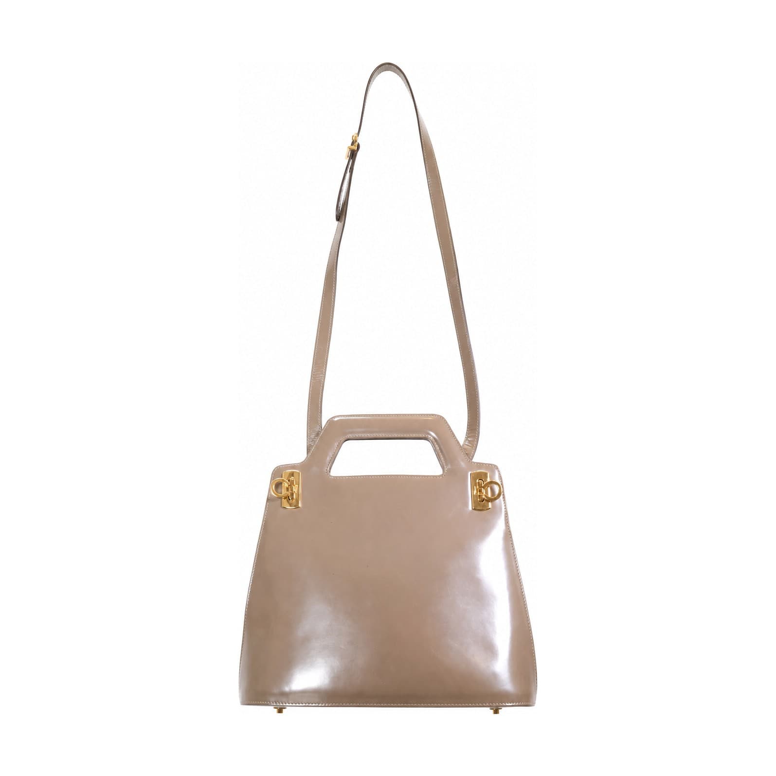 Salvatore Ferragamo Wanda Patent Leather Taupe Top Handle Bag Handbag Purse